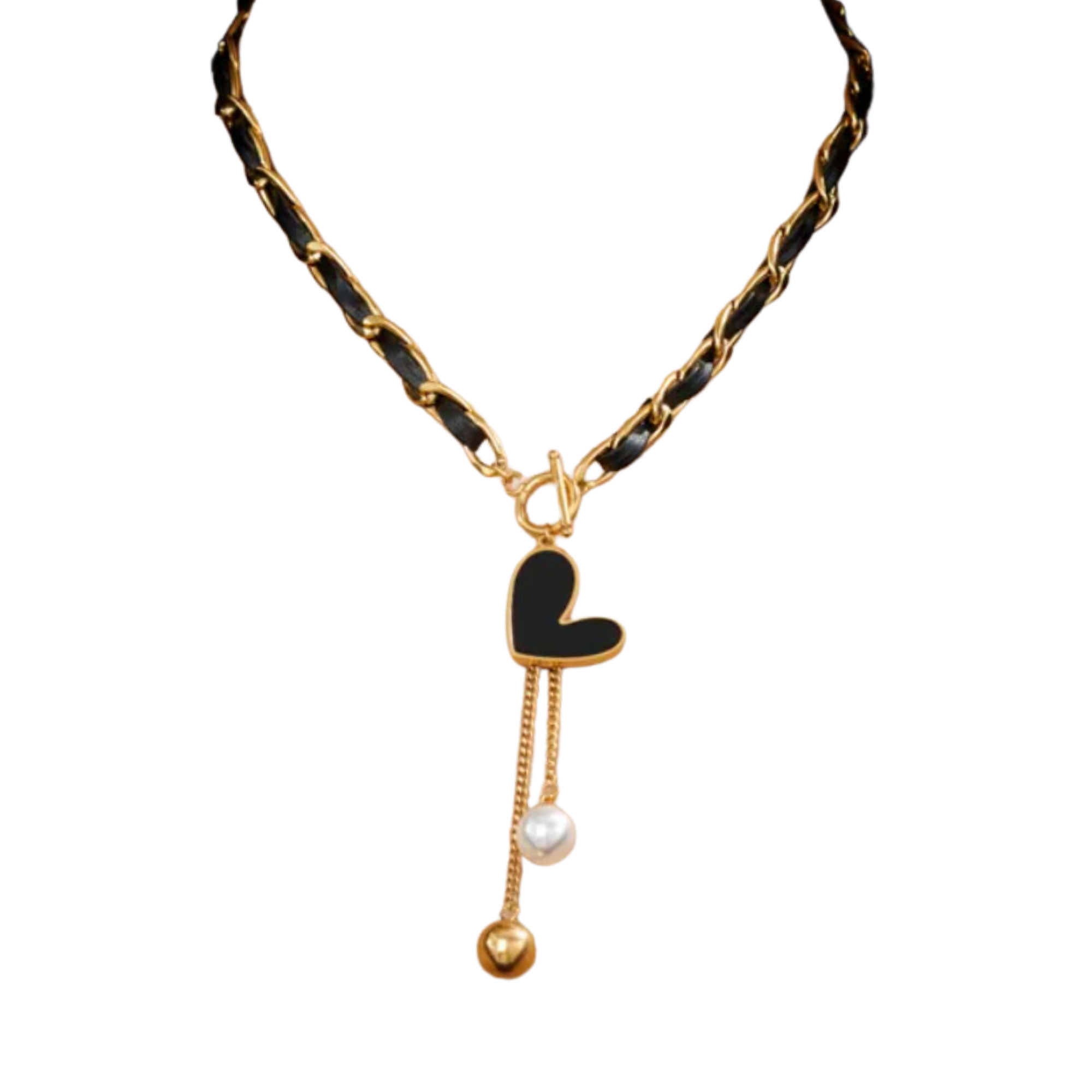 Heart Faux Pearls Ribbon Necklace
