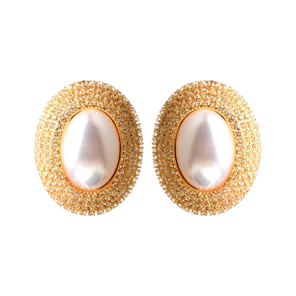Rhinestones Oval Faux Pearl Earrings